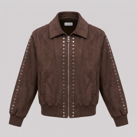 Studded Suede Bomber Jacket Dark Brown