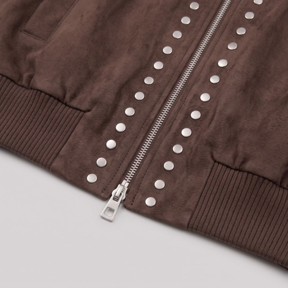 Studded Suede Bomber Jacket Dark Brown Studded Suede Bomber Jacket Dark Brown