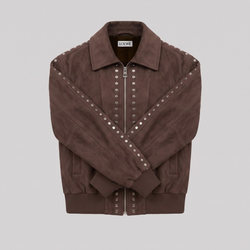 Studded Suede Bomber Jacket Dark Brown Studded Suede Bomber Jacket Dark Brown