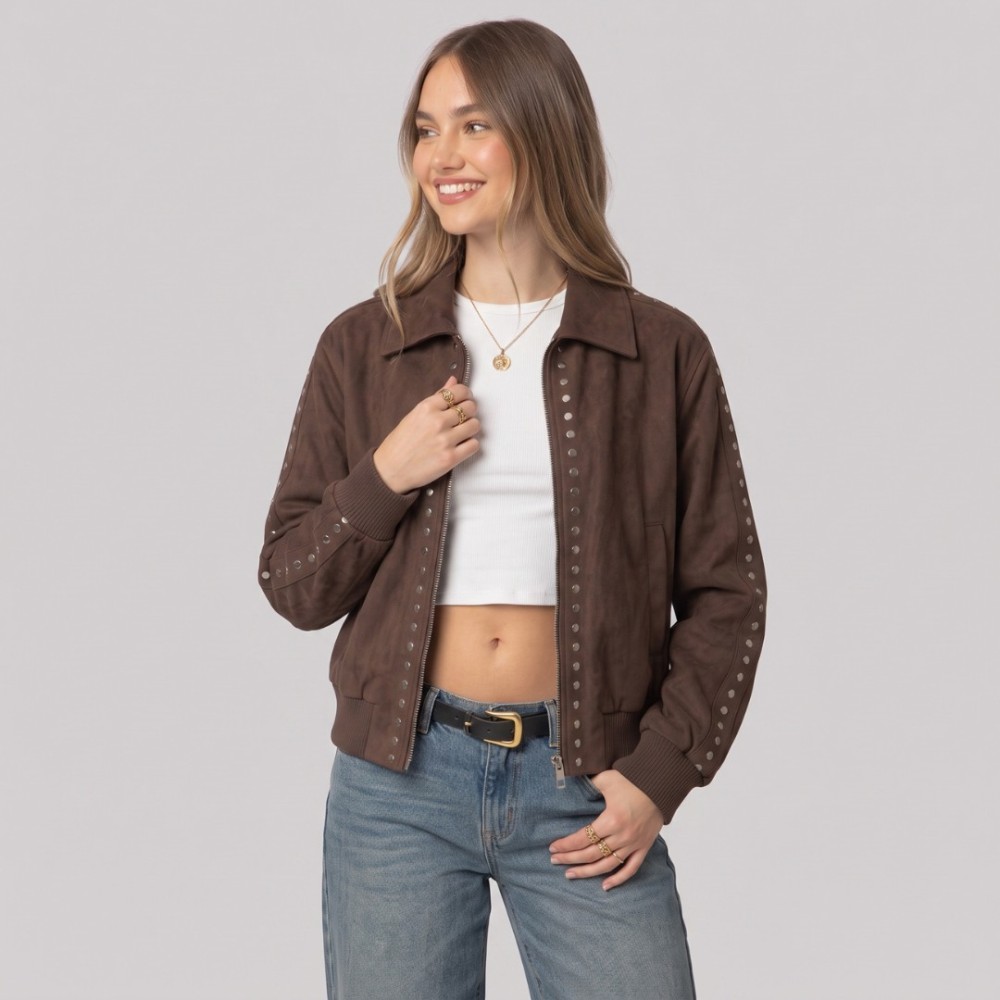 Studded Suede Bomber Jacket Dark Brown Studded Suede Bomber Jacket Dark Brown