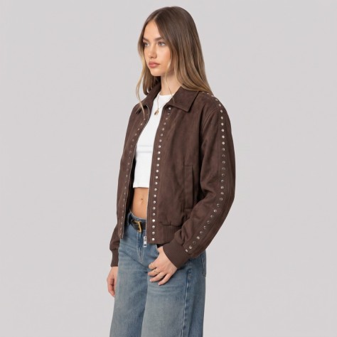 Studded Suede Bomber Jacket Dark Brown