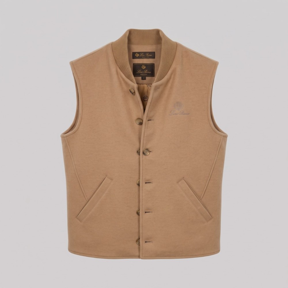 Ribbed Collar Button-Front Vest in Beige