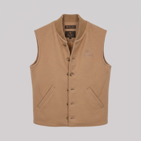 Ribbed Collar Button-Front Vest in Beige