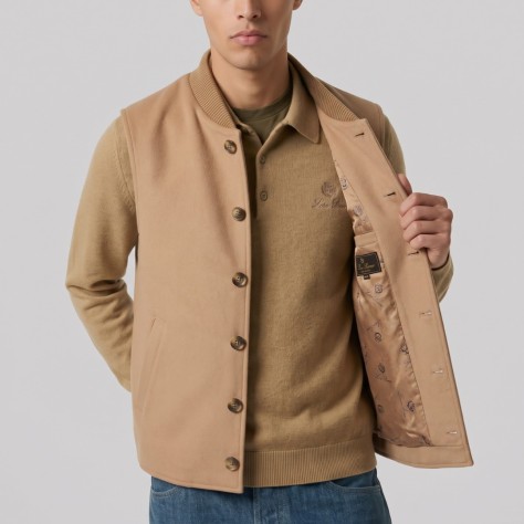 Ribbed Collar Button-Front Vest in Beige