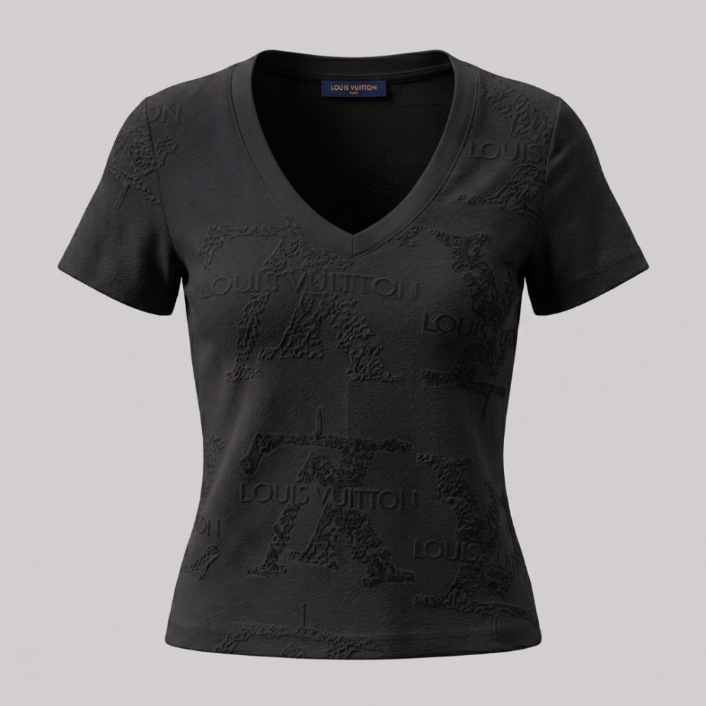 Women V-Neck Texturized T-Shirt in Black