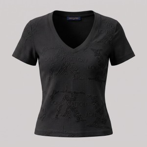 Women V-Neck Texturized T-Shirt in Black