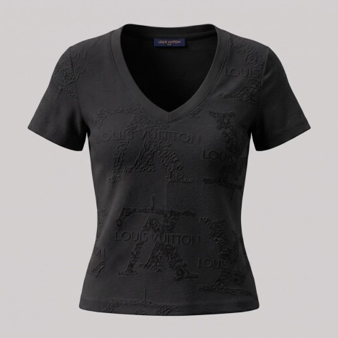 Women V-Neck Texturized T-Shirt in Black