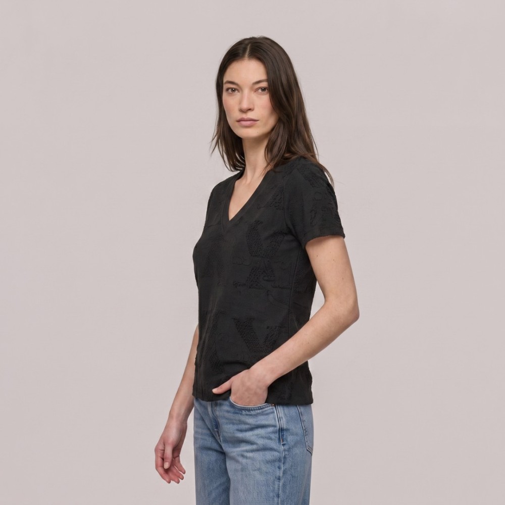 Women V-Neck Texturized T-Shirt in Black