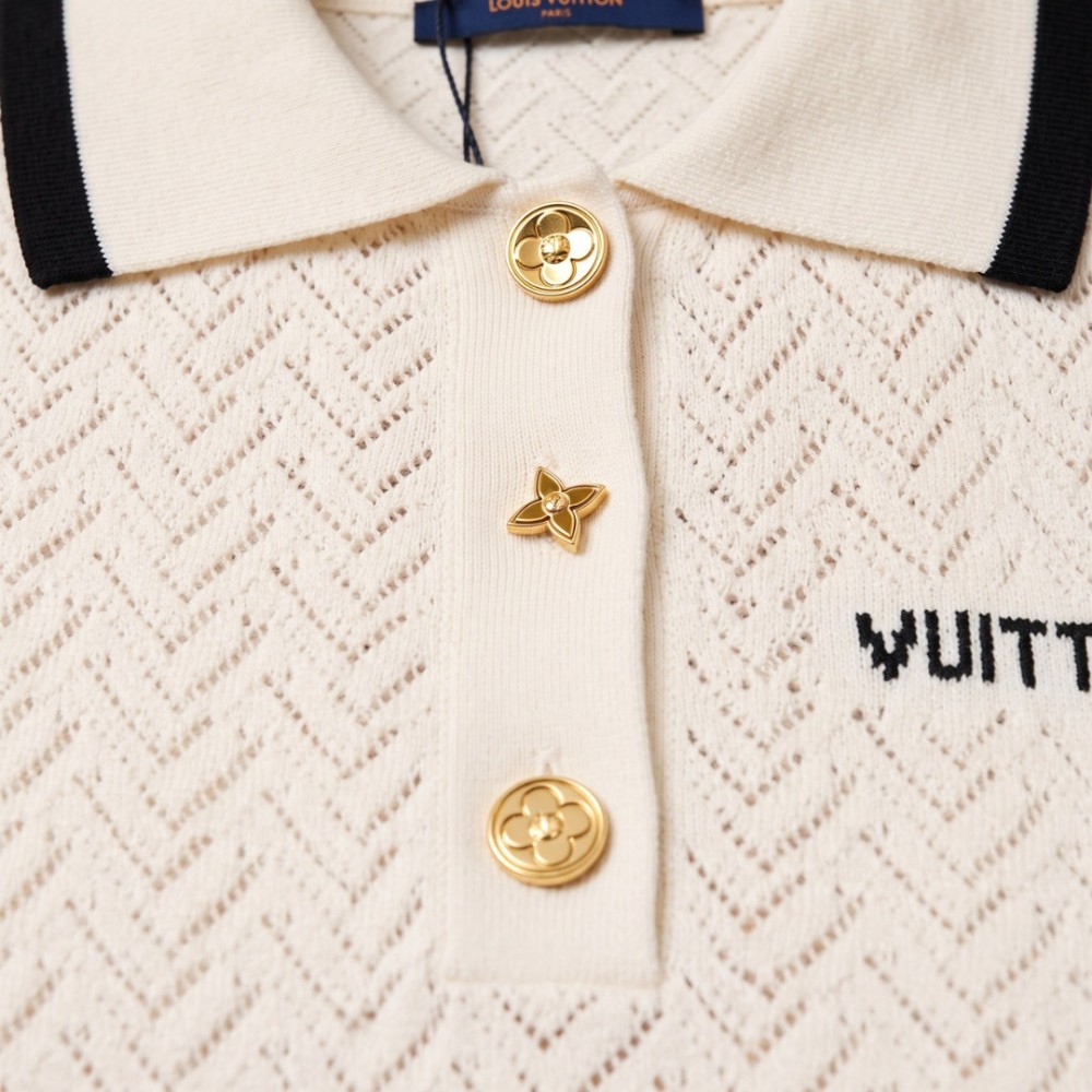 Pointelle Contrast Collar Polo Top Pointelle Contrast Collar Polo Top