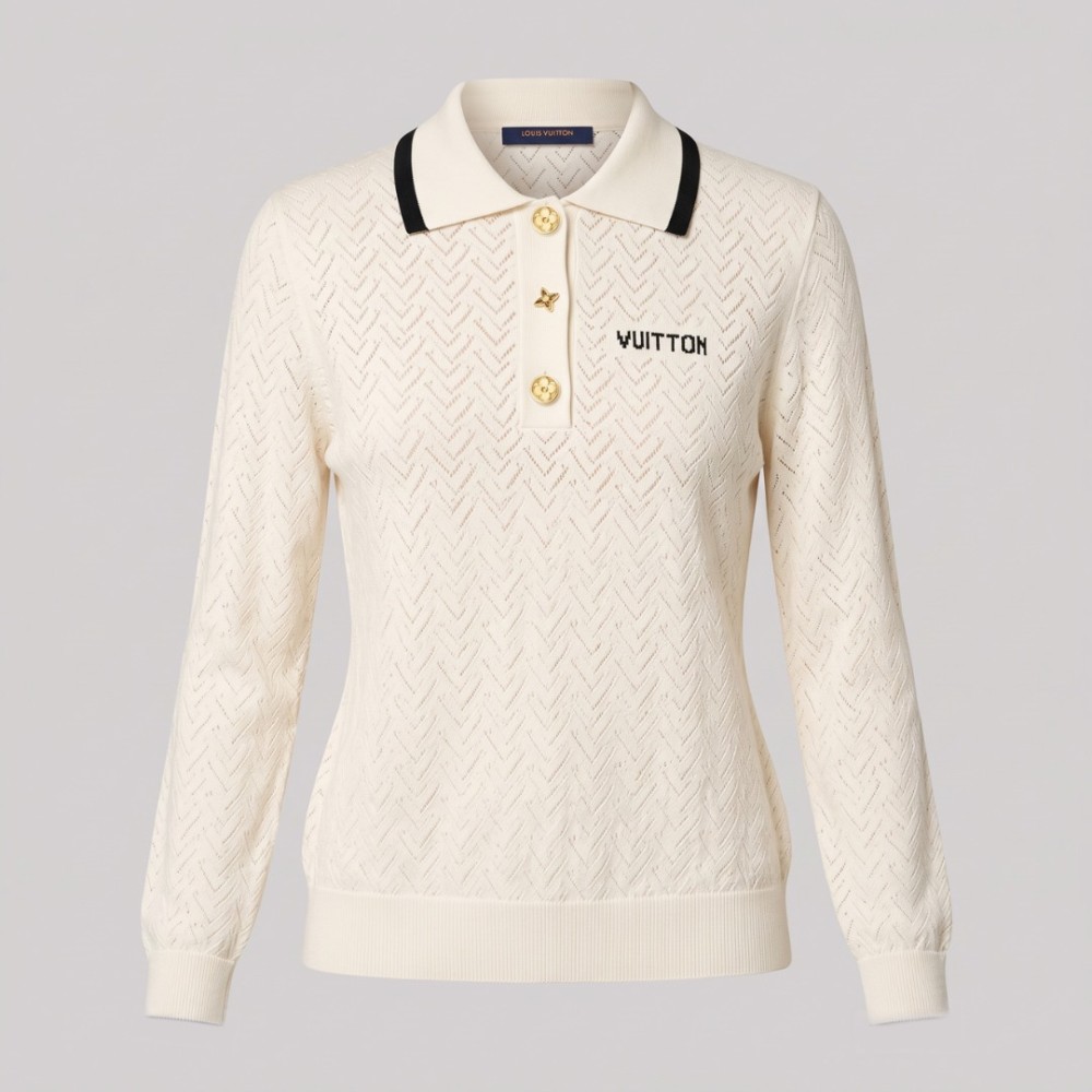 Pointelle Contrast Collar Polo Top Pointelle Contrast Collar Polo Top