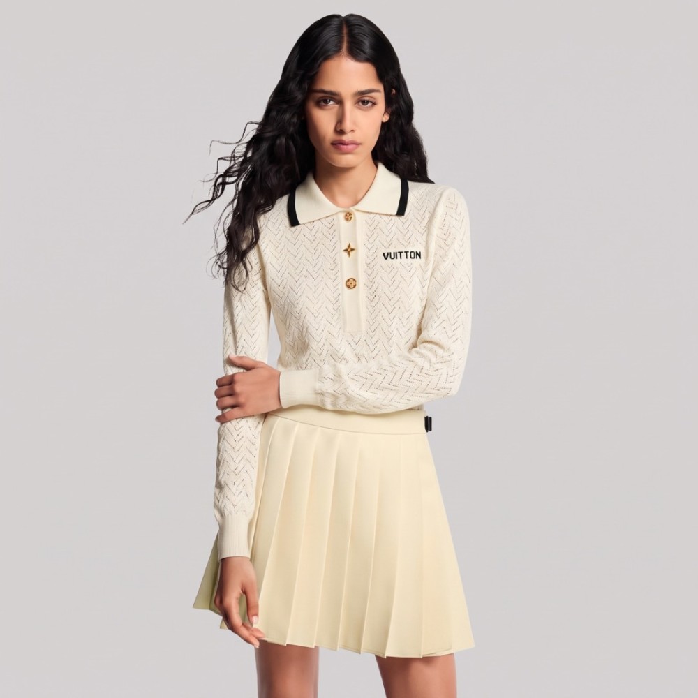 Pointelle Contrast Collar Polo Top Pointelle Contrast Collar Polo Top