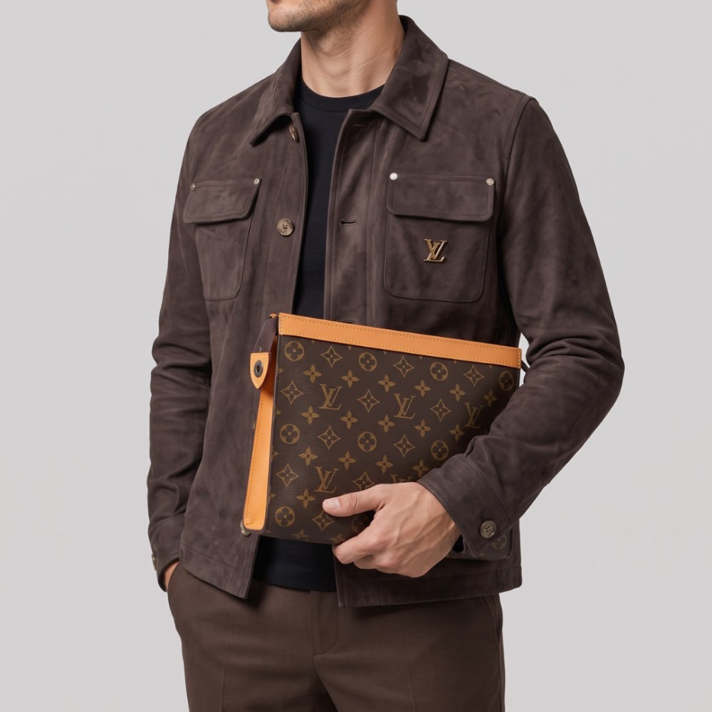Monogram Shadow Embossed Leather Pochette Grey Monogram Shadow Embossed Leather Pochette Grey