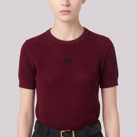 Burgundy Rib-Knit Crewneck T-Shirt