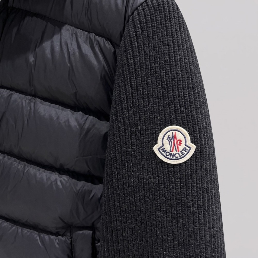 Hybrid Quilted Down & Ribbed Knit Hooded Jacket Black
