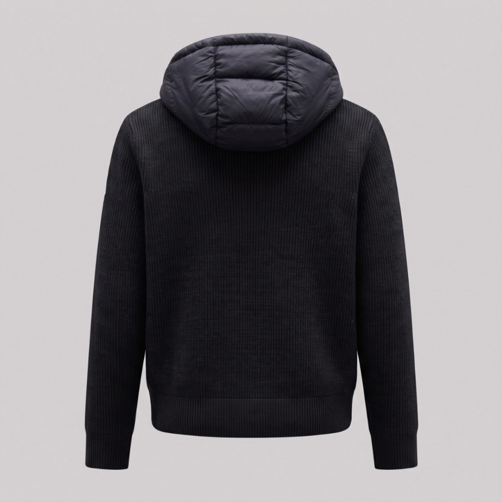 Hybrid Quilted Down & Ribbed Knit Hooded Jacket Black