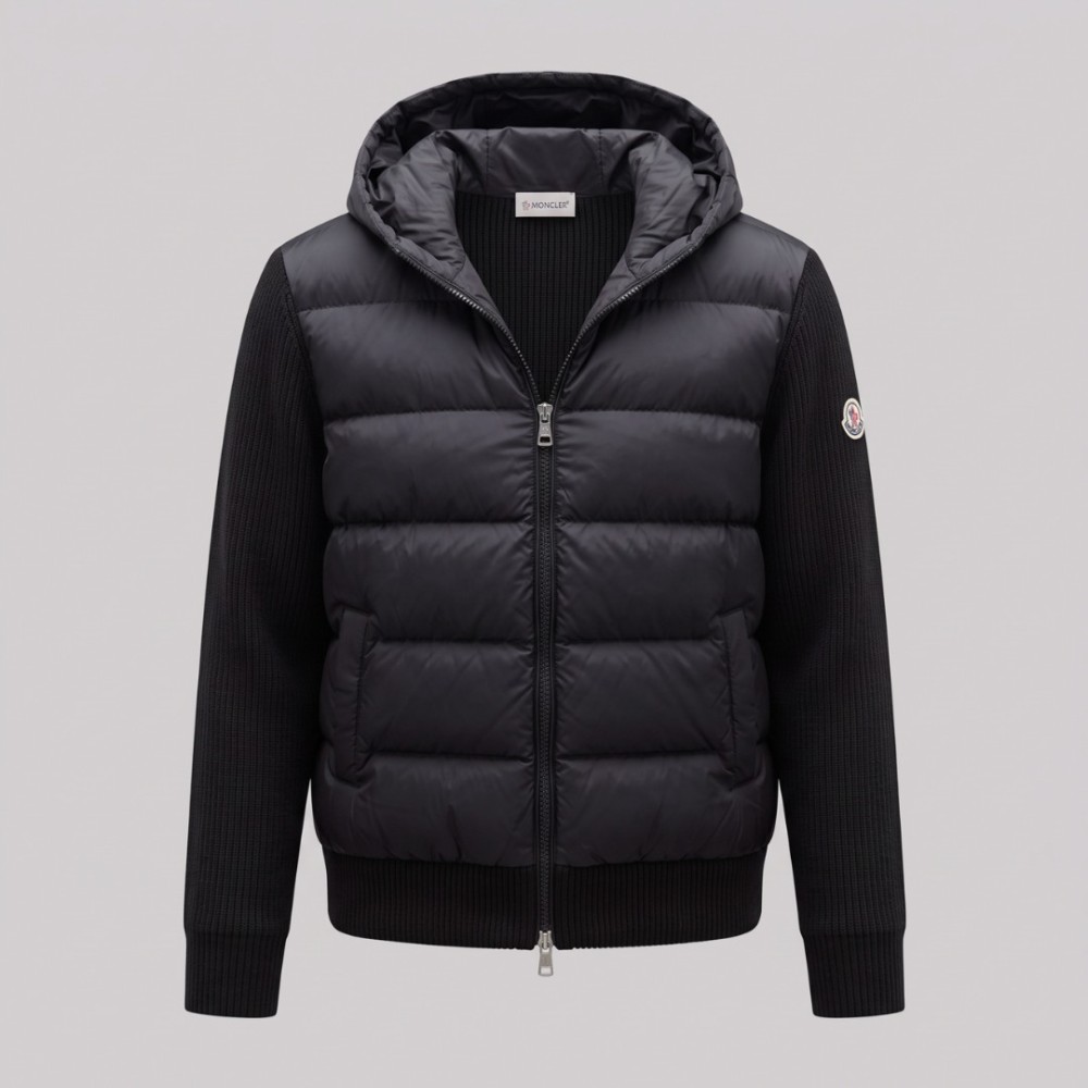 Hybrid Quilted Down & Ribbed Knit Hooded Jacket Black