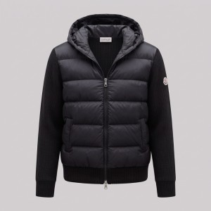 Hybrid Quilted Down & Ribbed Knit Hooded Jacket Black