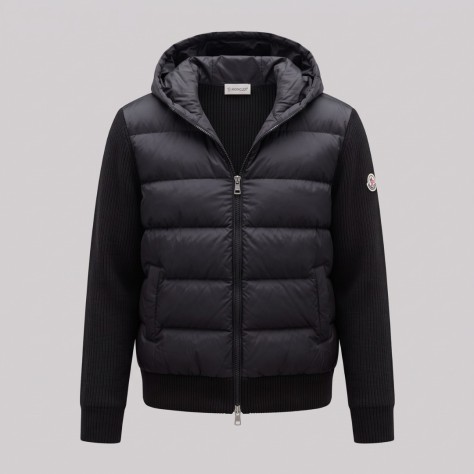 Hybrid Quilted Down & Ribbed Knit Hooded Jacket Black