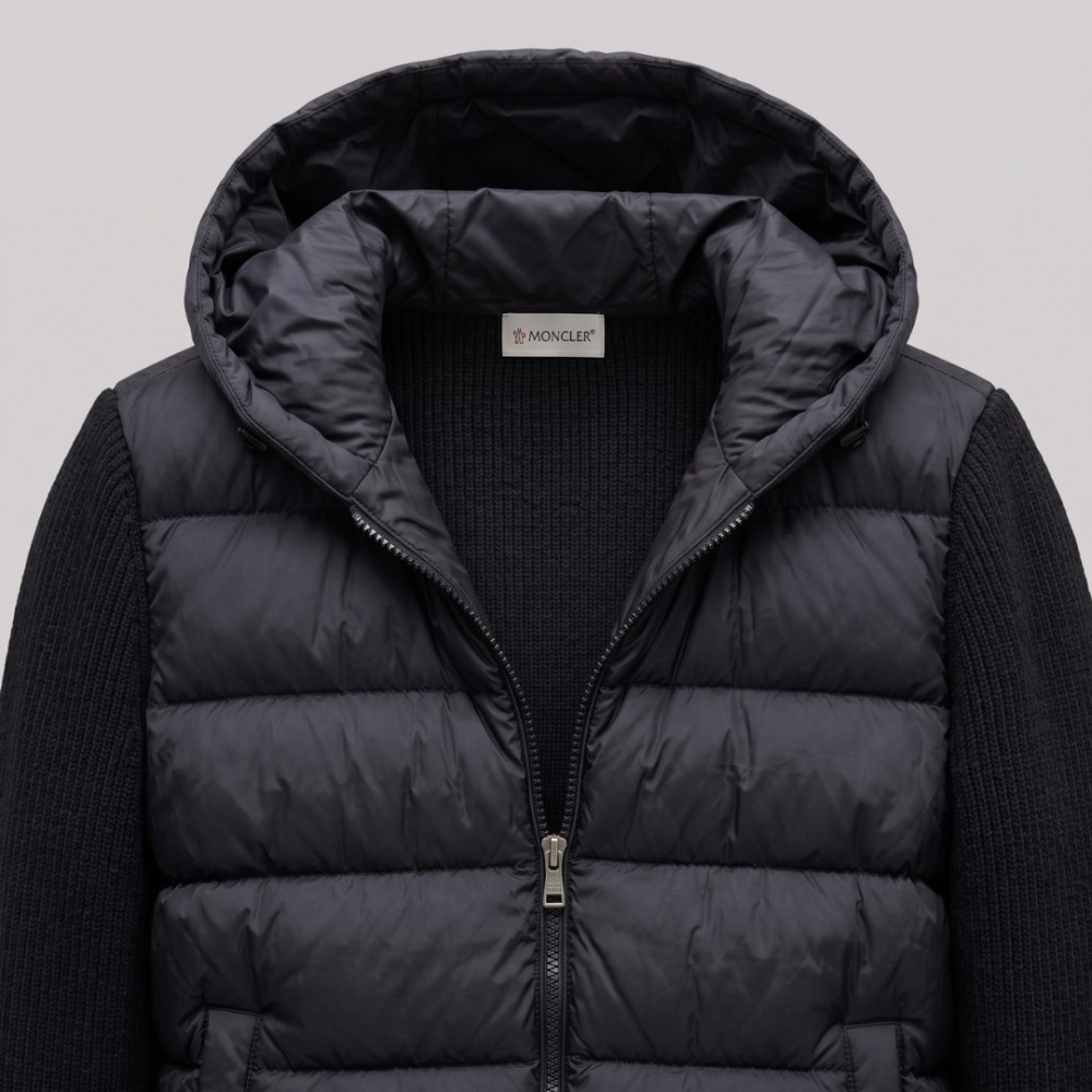 Hybrid Quilted Down & Ribbed Knit Hooded Jacket Black