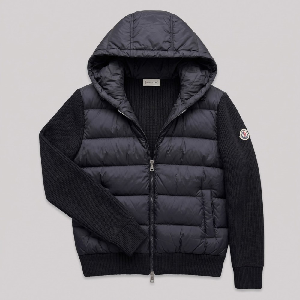 Hybrid Quilted Down & Ribbed Knit Hooded Jacket Black
