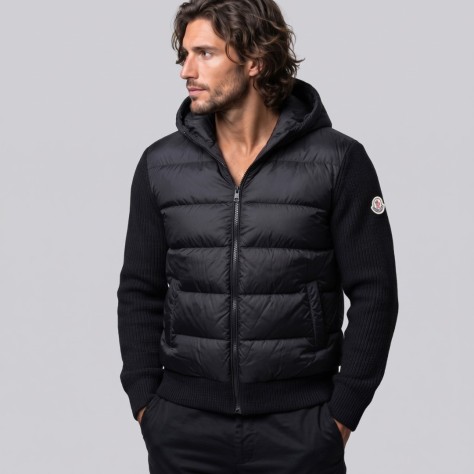 Hybrid Quilted Down & Ribbed Knit Hooded Jacket Black Hybrid Quilted Down & Ribbed Knit Hooded Jacket Black