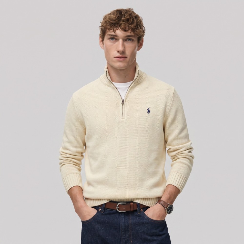 Quarter-Zip Mock-Neck Jumper in Cream