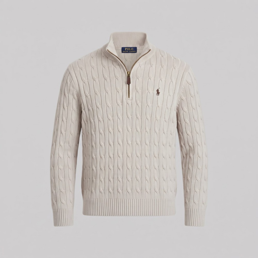 Polo Cable-Knit Quarter-Zip Sweater Beige