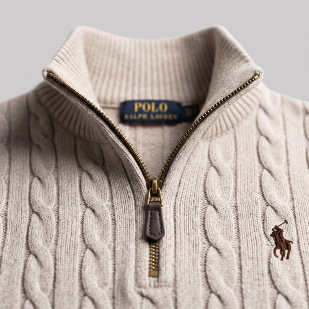 Polo Cable-Knit Quarter-Zip Sweater Beige