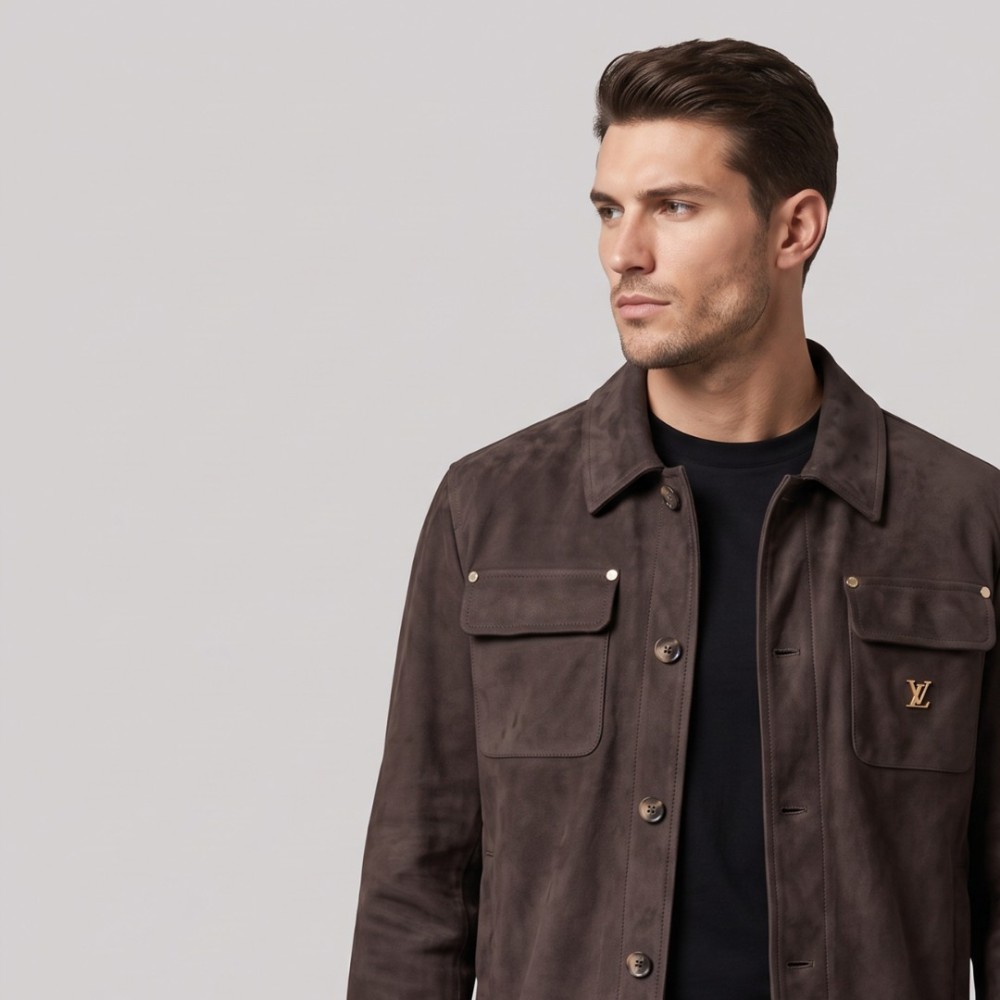 Suede Workwear Jacket with LV Logo Plate in Brown Suede Workwear Jacket with LV Logo Plate in Brown