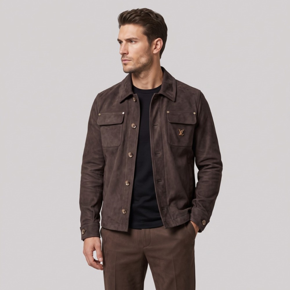 Suede Workwear Jacket with LV Logo Plate in Brown Suede Workwear Jacket with LV Logo Plate in Brown