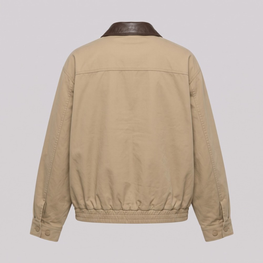 Gabardine Harrington Jacket with Leather Collar in Beige Gabardine Harrington Jacket with Leather Collar in Beige