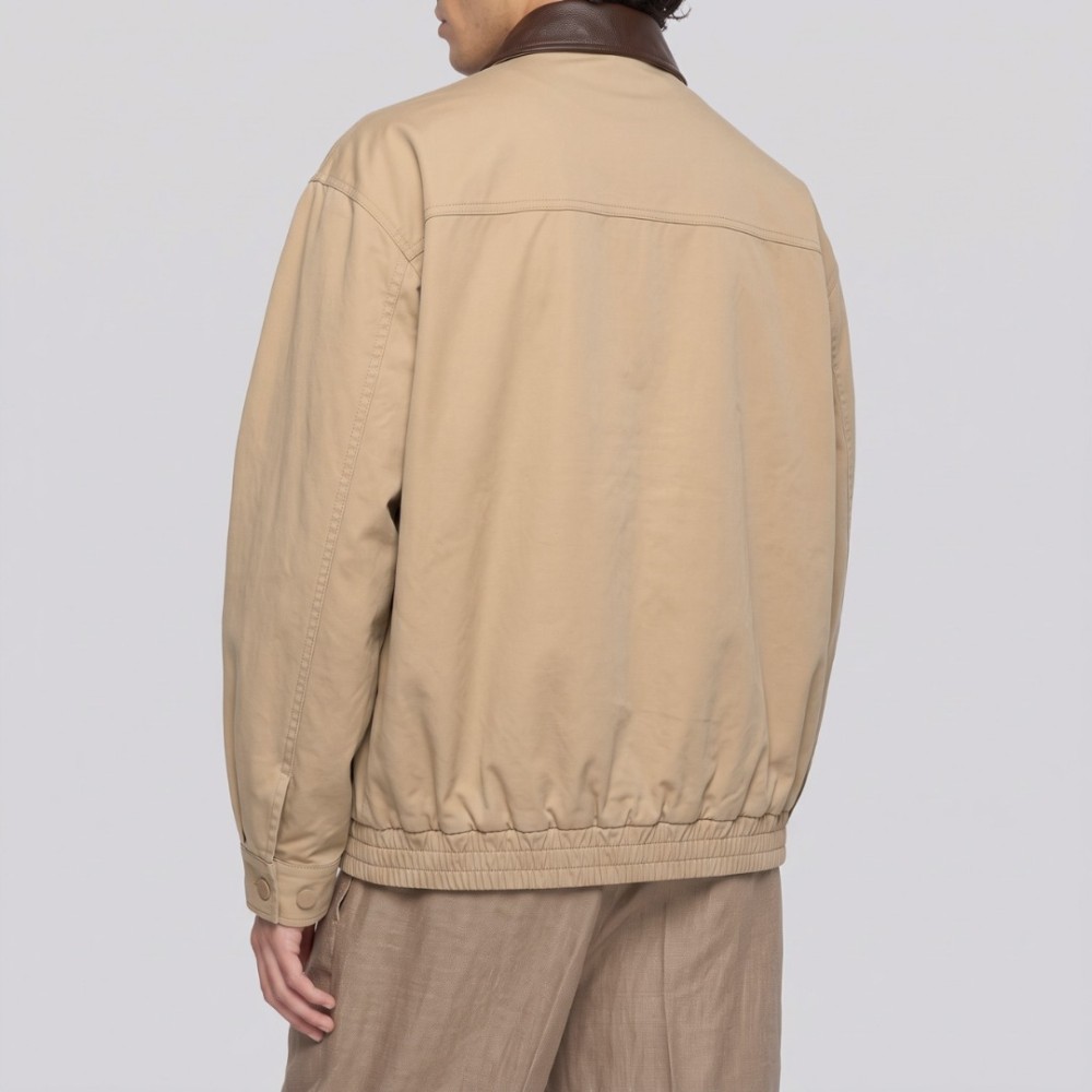 Gabardine Harrington Jacket with Leather Collar in Beige Gabardine Harrington Jacket with Leather Collar in Beige