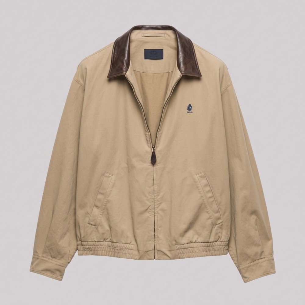 Gabardine Harrington Jacket with Leather Collar in Beige Gabardine Harrington Jacket with Leather Collar in Beige