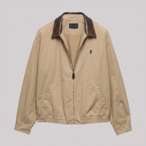 Gabardine Harrington Jacket with Leather Collar in Beige