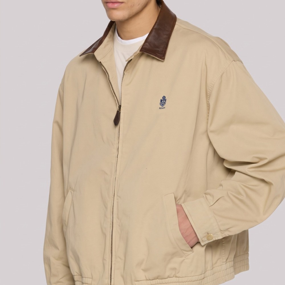 Gabardine Harrington Jacket with Leather Collar in Beige Gabardine Harrington Jacket with Leather Collar in Beige