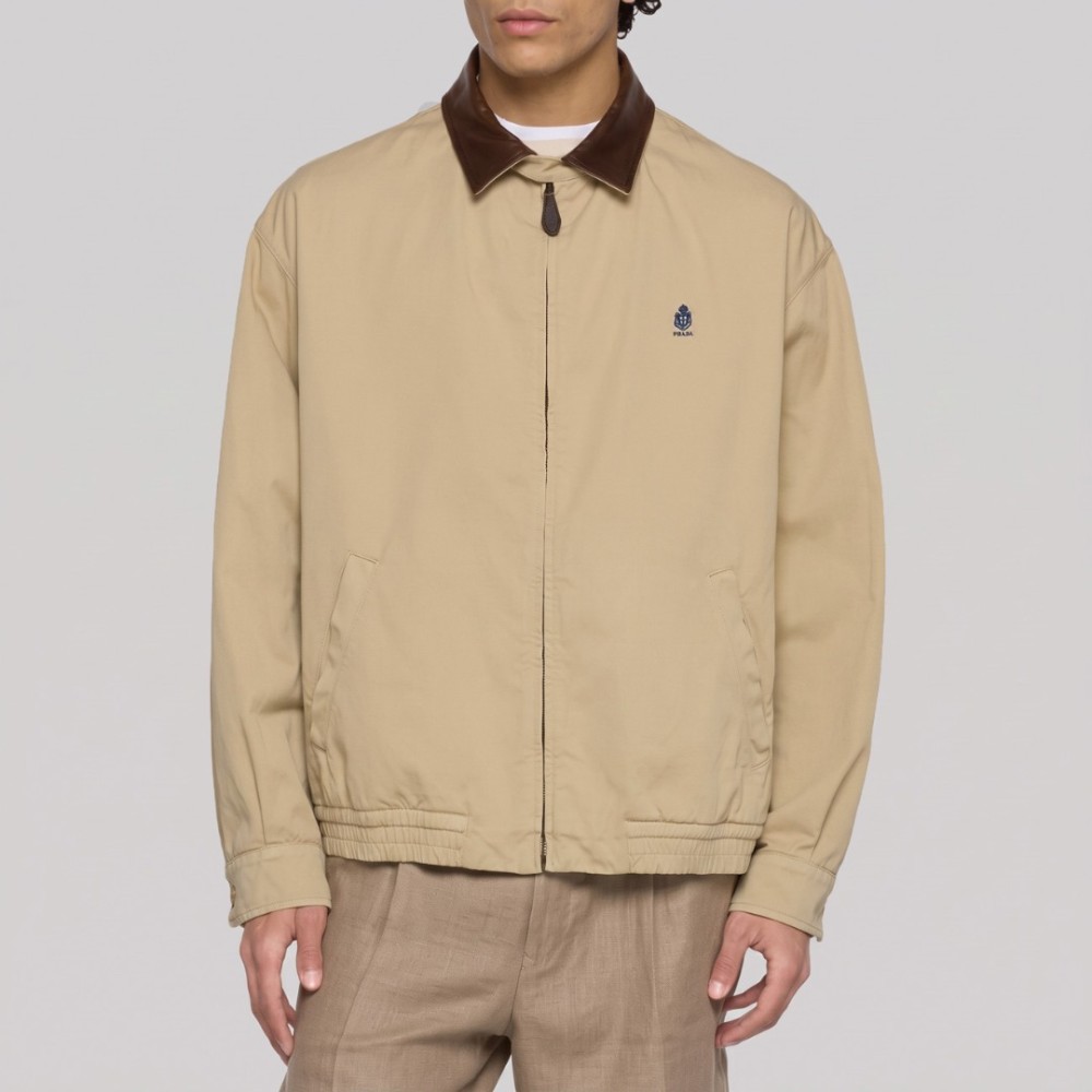 Gabardine Harrington Jacket with Leather Collar in Beige Gabardine Harrington Jacket with Leather Collar in Beige