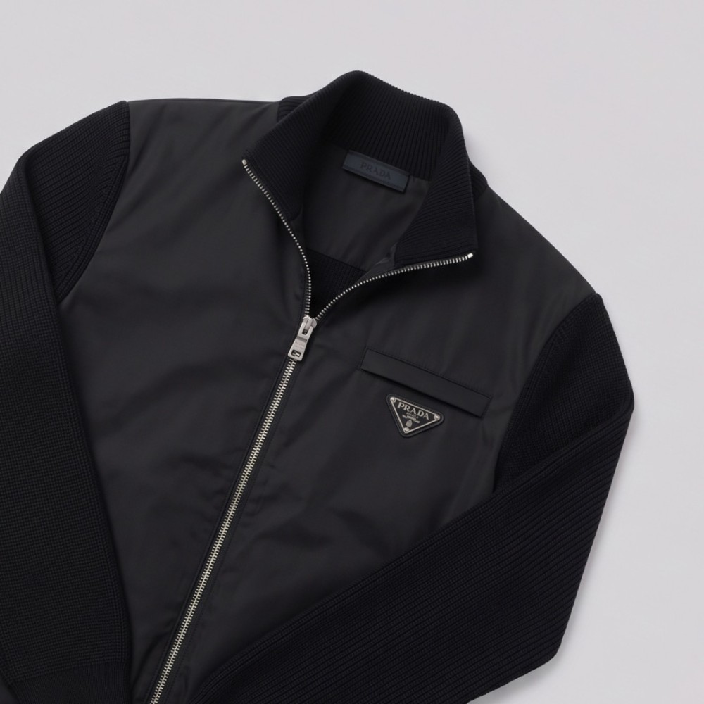 Re-Nylon Contrast Panel Zip-Up Mock-Neck Sweatshirt in Black Re-Nylon Contrast Panel Zip-Up Mock-Neck Sweatshirt in Black