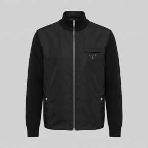 Re-Nylon Contrast Panel Zip-Up Mock-Neck Sweatshirt in Black