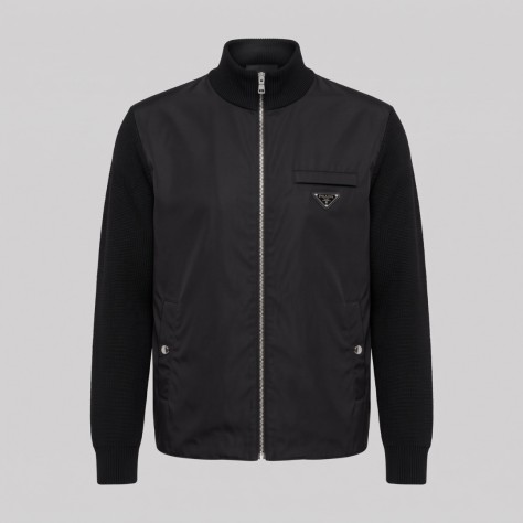 Re-Nylon Contrast Panel Zip-Up Mock-Neck Sweatshirt in Black