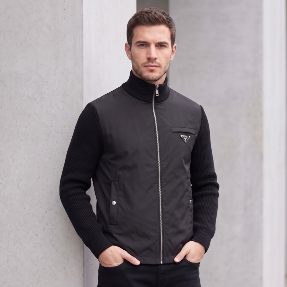 Re-Nylon Contrast Panel Zip-Up Mock-Neck Sweatshirt in Black Re-Nylon Contrast Panel Zip-Up Mock-Neck Sweatshirt in Black