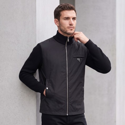 Re-Nylon Contrast Panel Zip-Up Mock-Neck Sweatshirt in Black