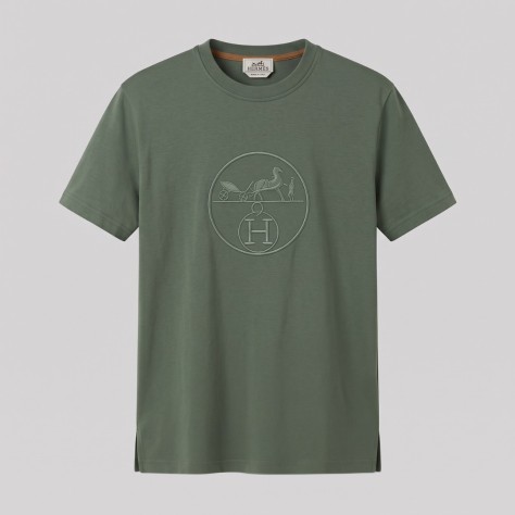 Equestrian Carriage Embroidered T-Shirt in Army Green