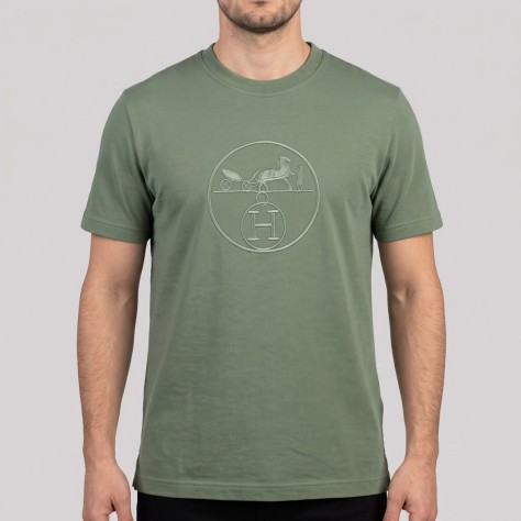 Equestrian Carriage Embroidered T-Shirt in Army Green